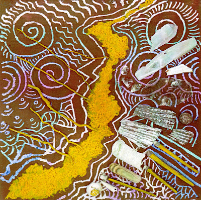 2002 Rêves de Trésors 25×25 lavis tech. pastel cire, acrylique, collage minéraux et végétaux