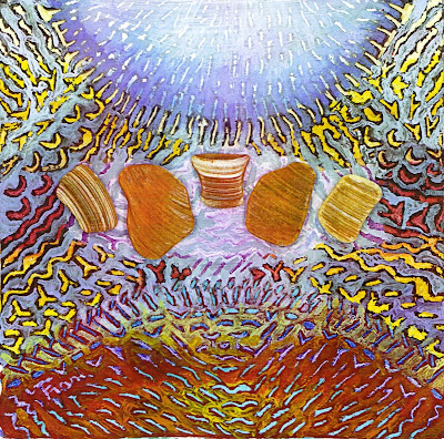 2003 Crépuscule 25×25 lavis tech. pastel cire, acrylique, collage minéraux