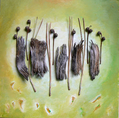 2009 Broustic 24 janvier La Patience 30×30 carton acrylique, collage débris de pins